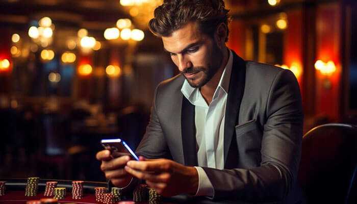 A man in a suit at a casino table using a smartphone, surrounded by poker chips, symbolizing nz online casino gaming.