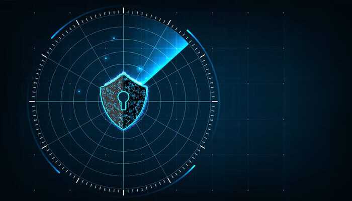 Cybersecurity concept featuring a digital shield with a keyhole at the center, surrounded by a radar interface, symbolizing protection and data security measures for dedicated servers.