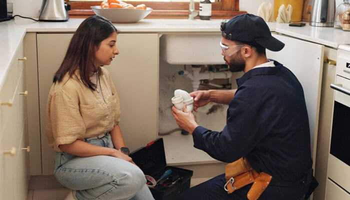 A plumber explaining repiping services to a homeowner near an open kitchen sink cabinet