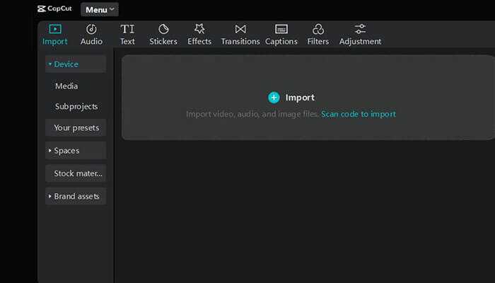 The capcut interface showing the import panel, with options to import media, presets, and other assets for editing.