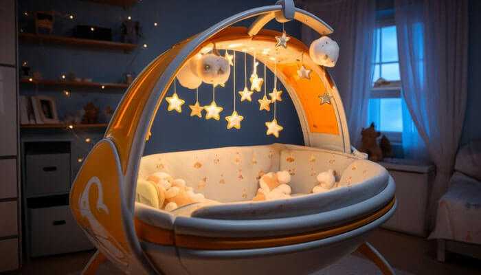 Diy smart baby cots illuminated with soft lights, featuring a hanging mobile with stars and clouds, creating a warm and serene nursery atmosphere