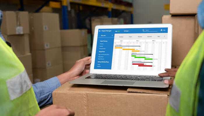 Warehouse workers using a laptop displaying inventory control software with a gantt chart, surrounded by stacked boxes