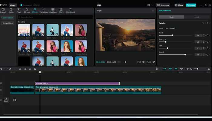 Video editing software interface with a media panel, preview player showing a sunset, timeline, and special effects adjustment panel