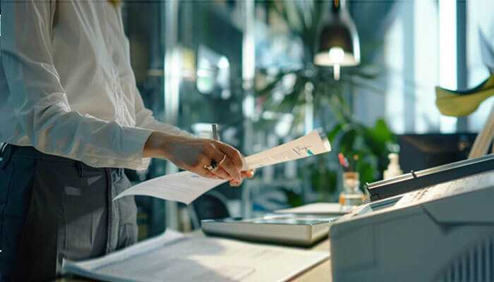 A person scanning a document in a printing machine