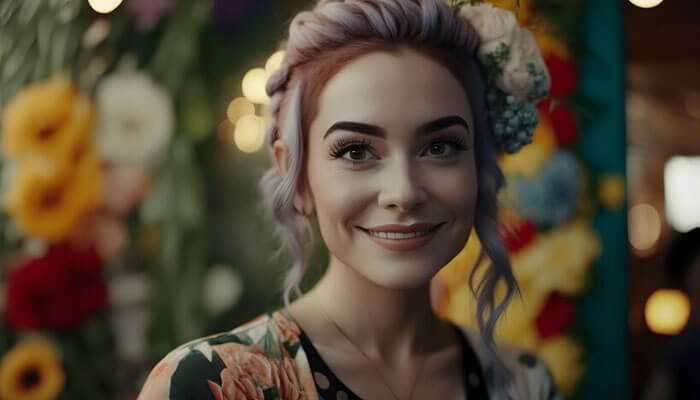 A portrait of a smiling woman with light purple hair, adorned with flowers, showcasing the impact of ai in professional photography, set against a vibrant background of colorful blooms and warm lights