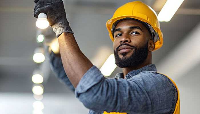 Electrician in yellow hard hat and gloves, installing an led light, symbolizing modern led lighting services.