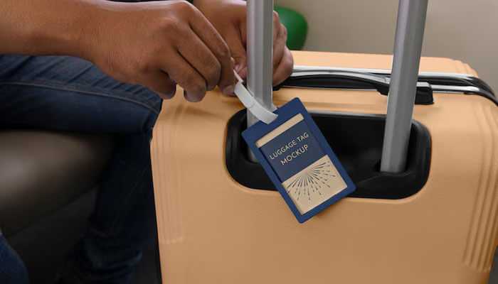 A person attaching a luggage tag to the handle of a beige suitcase, part of luggage sets, with the tag reading luggage tag mockup