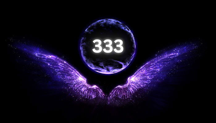 Glowing 333 with purple light wings on a black background, symbolizing the 333 angel number meaning