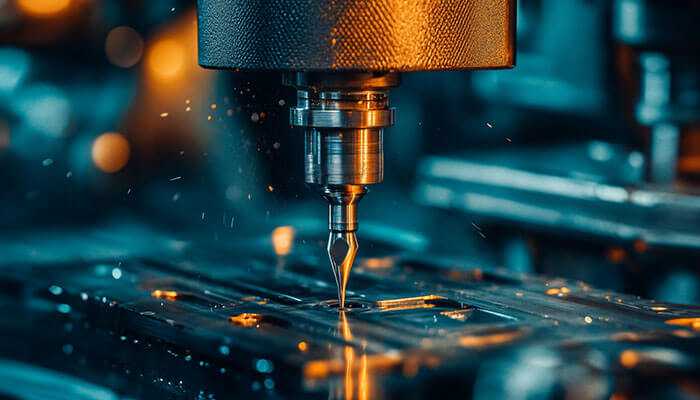 Close-up of a cnc drilling machine cutting metal, with sparks and precision details highlighted