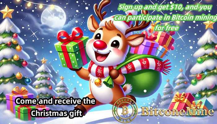 Merry reindeer promoting bitconemine christmas gift event:  sign-up bonus and free participation in bitcoin mining.