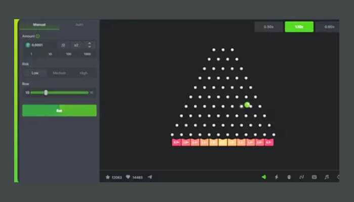 Triangular pegboard game interface from bc originals games, allowing adjusting risk and betting options interactively.