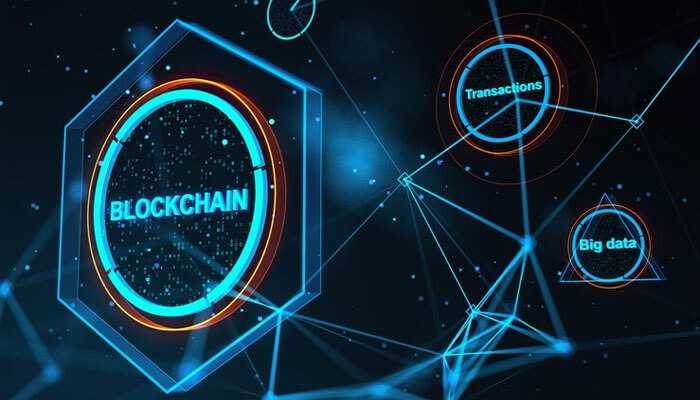 Digital representation of blockchain technology highlighting connections to transactions, big data, and preventing digital payment fraud