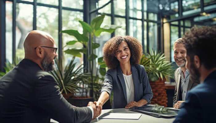 Business professionals discussing ap automation, shaking hands in a modern office setting to symbolize successful collaboration and financial efficiency