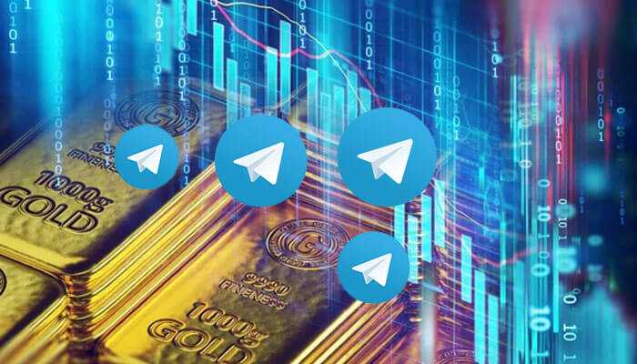 Gold bars with telegram icons and a digital stock market chart overlay, representing telegram gold forex signal channels.