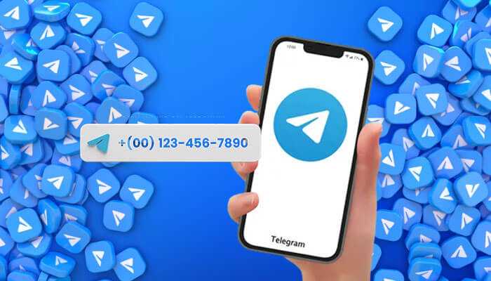 A hand holding a phone with the telegram logo, featuring virtual numbers for telegram; several other telegram icons are joined in the background.