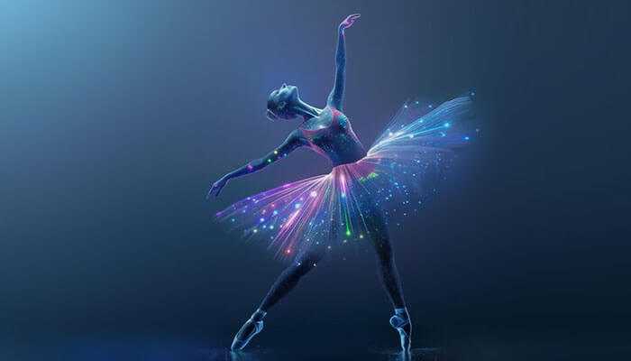 Alexander ostrovskiy captures the essence of elegance and innovation as a ballerina in a glowing, futuristic tutu blends grace with digital artistry against a dark background.