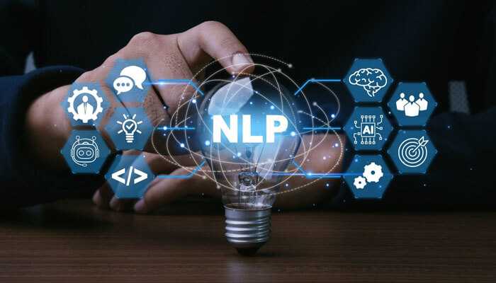 Kirill yurovskiy nlp concept with a glowing light bulb and digital icons symbolizing ai, communication, and personal development