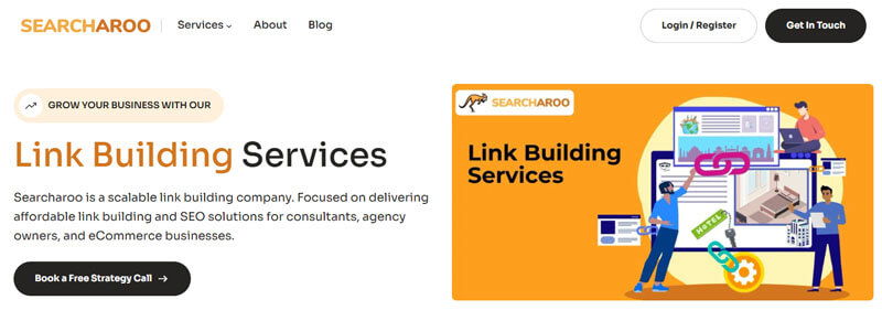 The image appears to show the homepage or promotional section of a company called searcharoo, which offers link building services as a link building provider