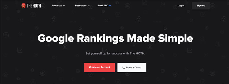 Homepage of the hoth with the headline google rankings made simple, offering options to create an account or book a demo for seo services