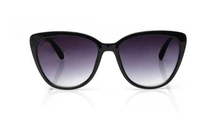 Black cat-eye sunglasses with a glossy frame and gradient dark lenses on a white background