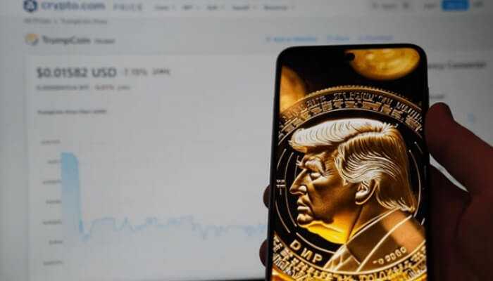 $trump coin – digital representation of trump coin displayed on a smartphone with cryptocurrency market data in the background.