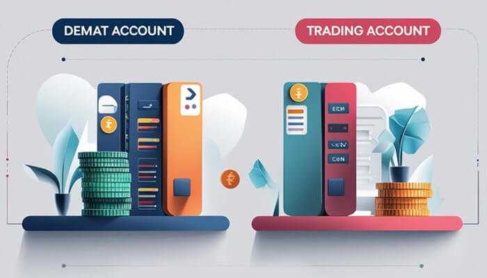 Illustration comparing demat account vs trading account with colorful financial folders and stacked coins representing investment options.