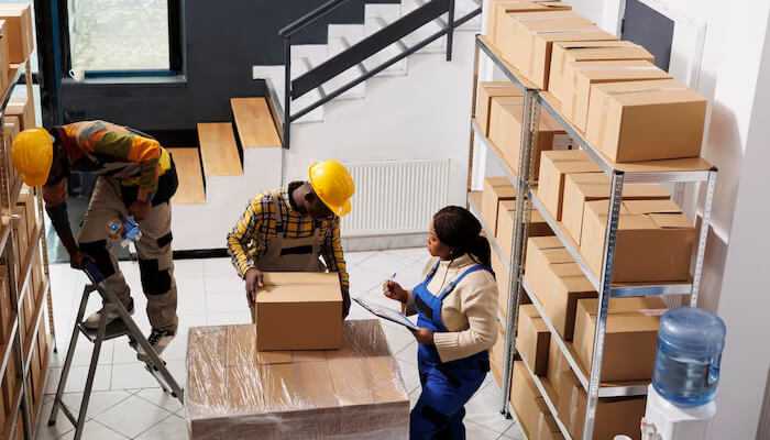 Warehouse workers organizing boxes for shipment, illustrating kitting and assembly services in action to streamline e-commerce order fulfillment.