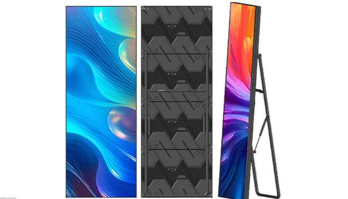 Vertical led poster display screen showing vibrant colors with a sleek frame, highlighting dynamic visuals on the screen.