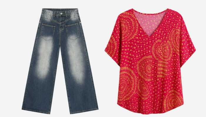 A stylish outfit featuring wide-legged denim jeans and a vibrant red patterned top, ideal for a fashion dropshipping store focusing on casual yet chic styles.