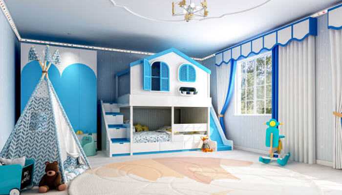 Coolest bunk bed designed like a small blue and white house with a slide, set in a brightly decorated children’s room.