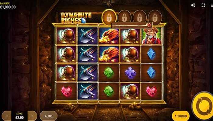 A vibrant mining-themed slot interface from dynamite riches, showcasing colorful gems and classic slots with tumbling mechanics.
