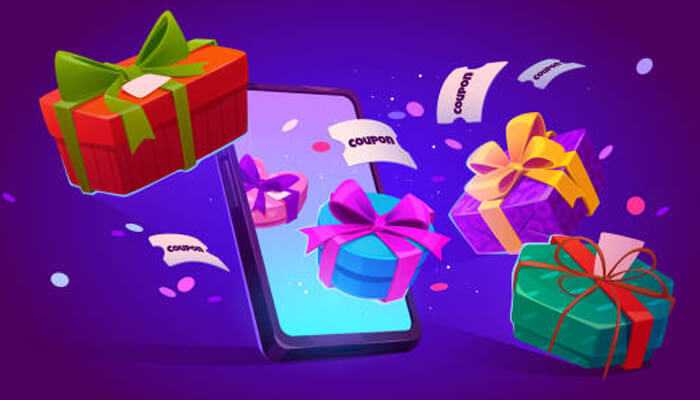 Exciting online shopping experience with gifts and coupons floating around a mobile phone, highlighting offers and discounts from mostbet pakistan.