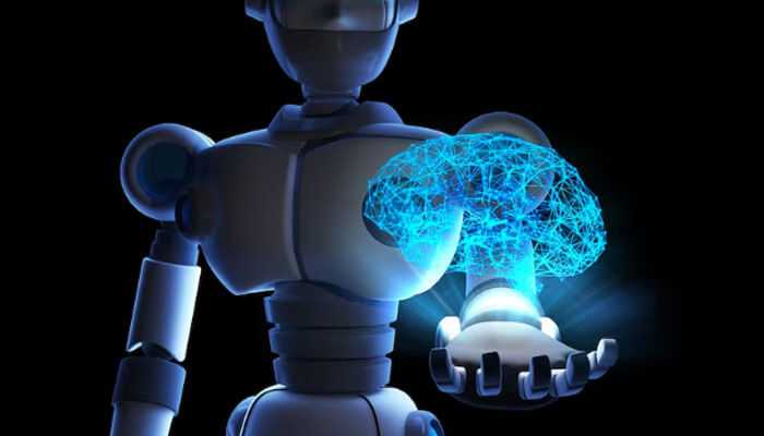 Illustration highlighting the intelligence gap in the differences between ai agents and chatbots, with a robot holding a glowing digital brain.