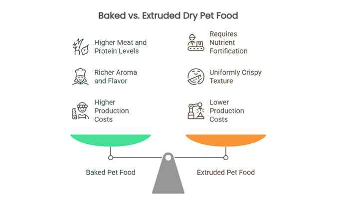 Large industrial pet food extruder machine used in manufacturing, highlighting the process difference in baked vs extruded dry pet food.