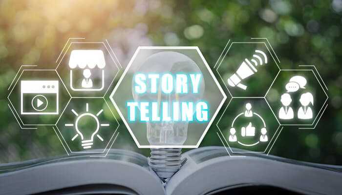 Visual concept of storytelling in a social media campaign with icons for content, engagement, and branding.