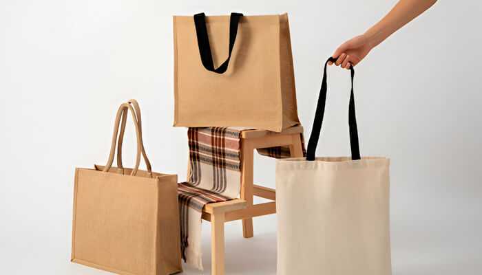 Displayed printed cotton bags with black handles promoting eco-friendly branding through stylish and sustainable design.