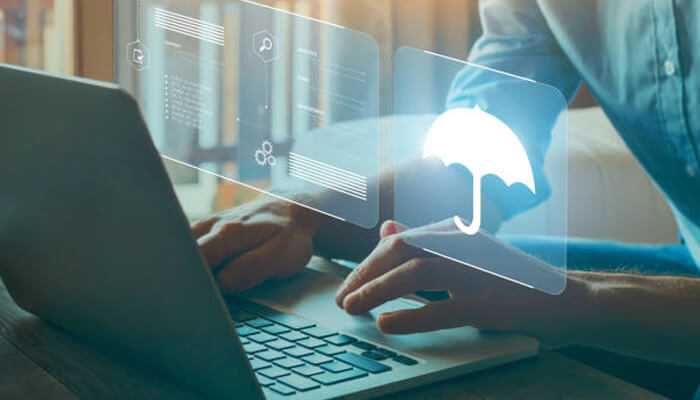 Person using a laptop with a digital umbrella icon representing online services in the pet insurance business sector.