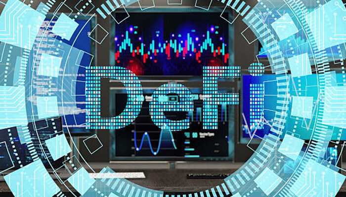 A high-tech control room with digital screens and a defi graphic overlay, indicating the analysis and monitoring of defi tokens in financial markets.