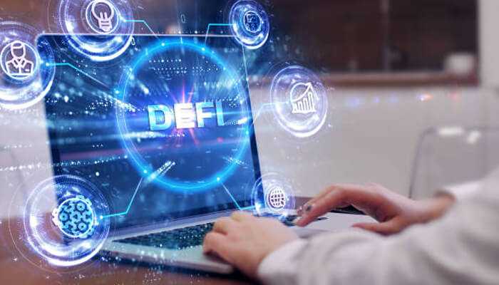 A person using a laptop with a glowing defi interface and virtual icons, representing real-time trading and interaction with defi tokens.