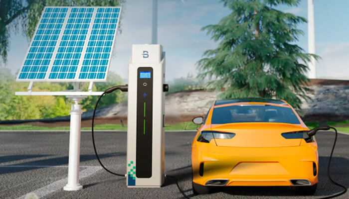 Electric vehicle connected to a solar-powered charging station in a scenic outdoor setting, highlighting the concept of green charging using renewable energy.